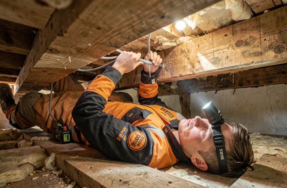 Technicien ABC Elec 14 posant des conduits électriques sous le plancher d'une maison en rénovation