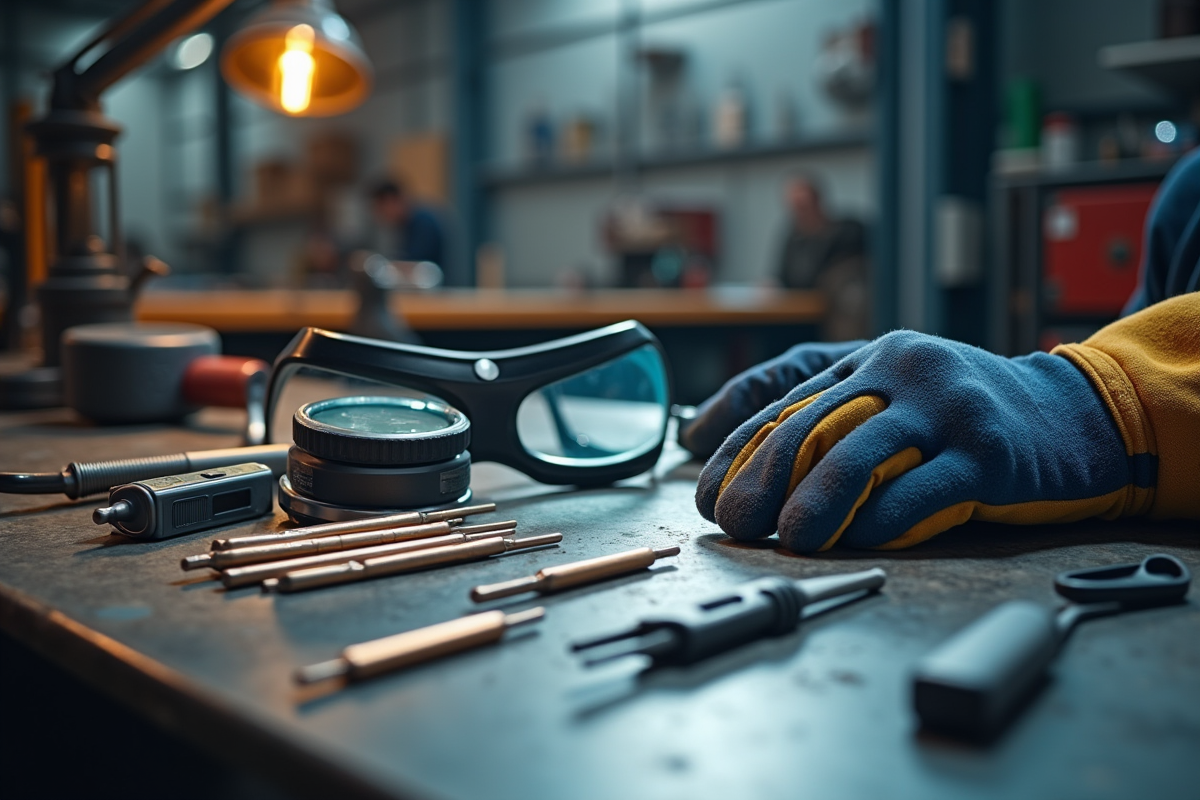 Accessoires de soudure essentiels sur une table industrielle bien rangée