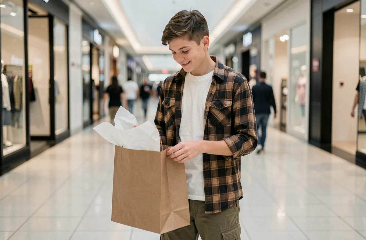 Jeune homme de 17 ans dans un centre commercial tenant un sac cadeau élégant avec une expression satisfaite