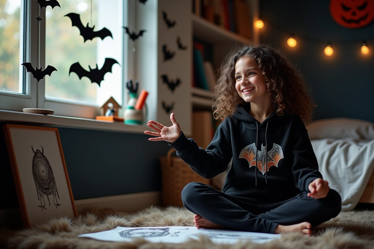 Adolescente admirant ses décorations Halloween réalisées à partir de dessins de chauves-souris dans sa chambre