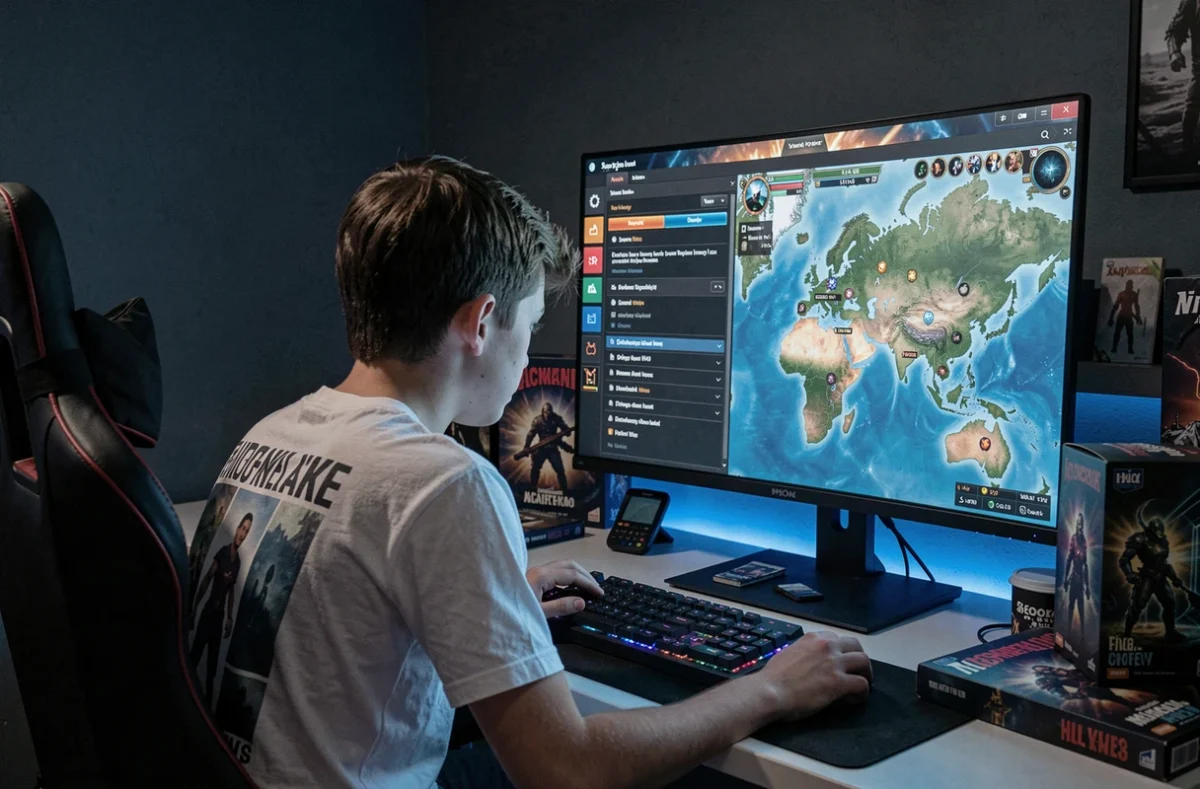 Adolescent configurant étape par étape le système de portails Dofus sur un grand écran gaming dans sa chambre