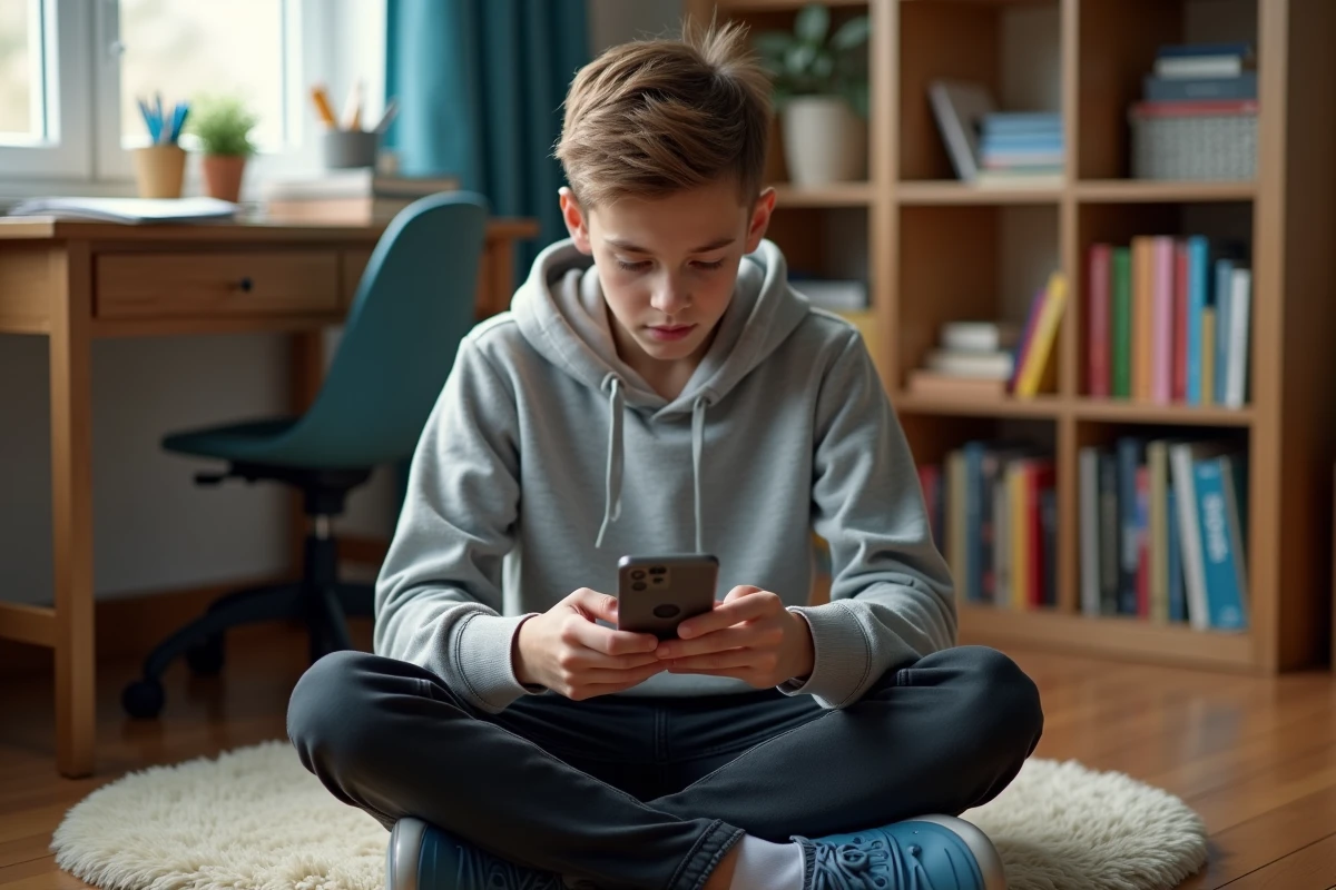Adolescent jouant à un solveur de mots sur téléphone dans sa chambre