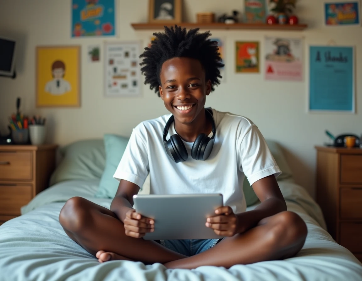Adolescent noir regardant une vidéo humoristique sur une tablette dans sa chambre personnelle