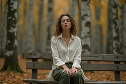 Femme méditative assise seule en forêt d'automne, illustrant une âme karmique en quête de libération intérieure