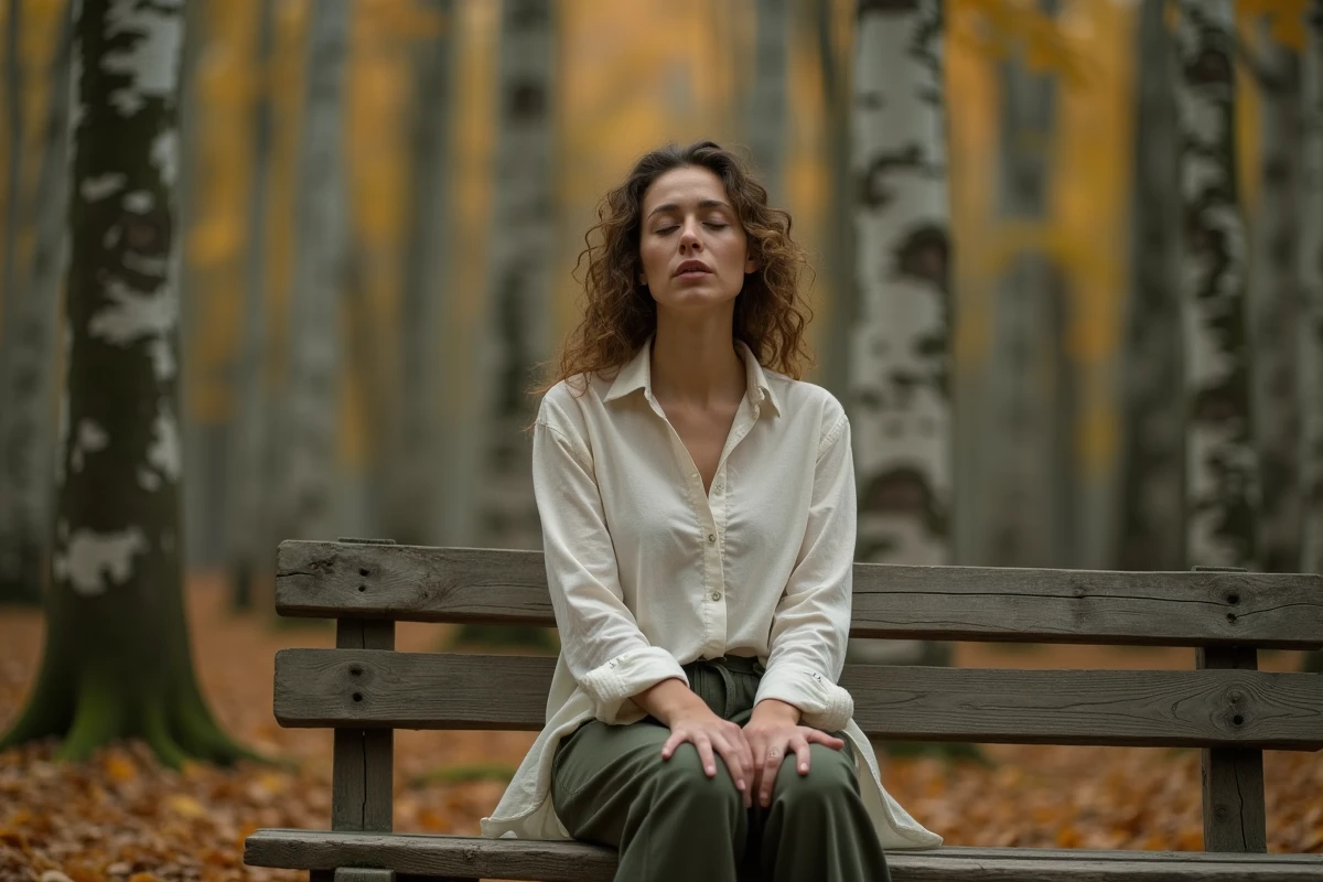 Femme méditative assise seule en forêt d'automne, illustrant une âme karmique en quête de libération intérieure