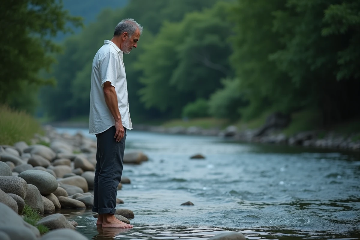 Homme pieds nus au bord d'un ruisseau en contemplation, symbolisant le fardeau karmique et la reconnexion à soi