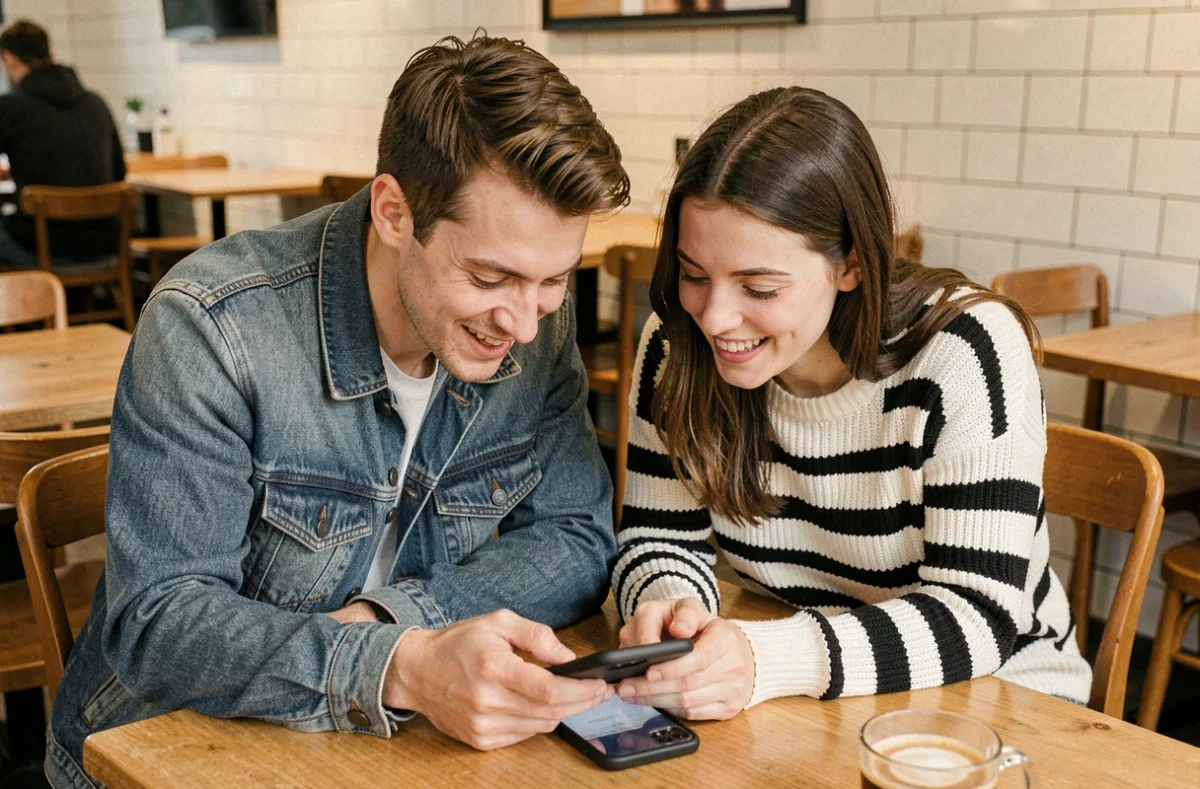 Deux amis dans un café regardant ensemble un smartphone pour trouver des astuces de dés gratuits sur Monopoly GO