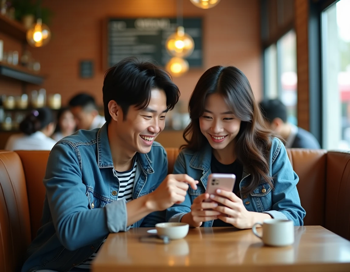 Deux amis découvrant ensemble une application de lecture de manhuas sur smartphone dans un café urbain tendance