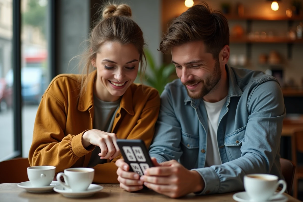 Deux amis jouant ensemble à 4 images 1 mot avec des mots de 4 lettres dans un café
