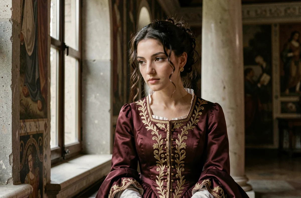 Jeune femme florentine en robe de soie Renaissance assise près d'une fenêtre en arcade dans un palazzo historique