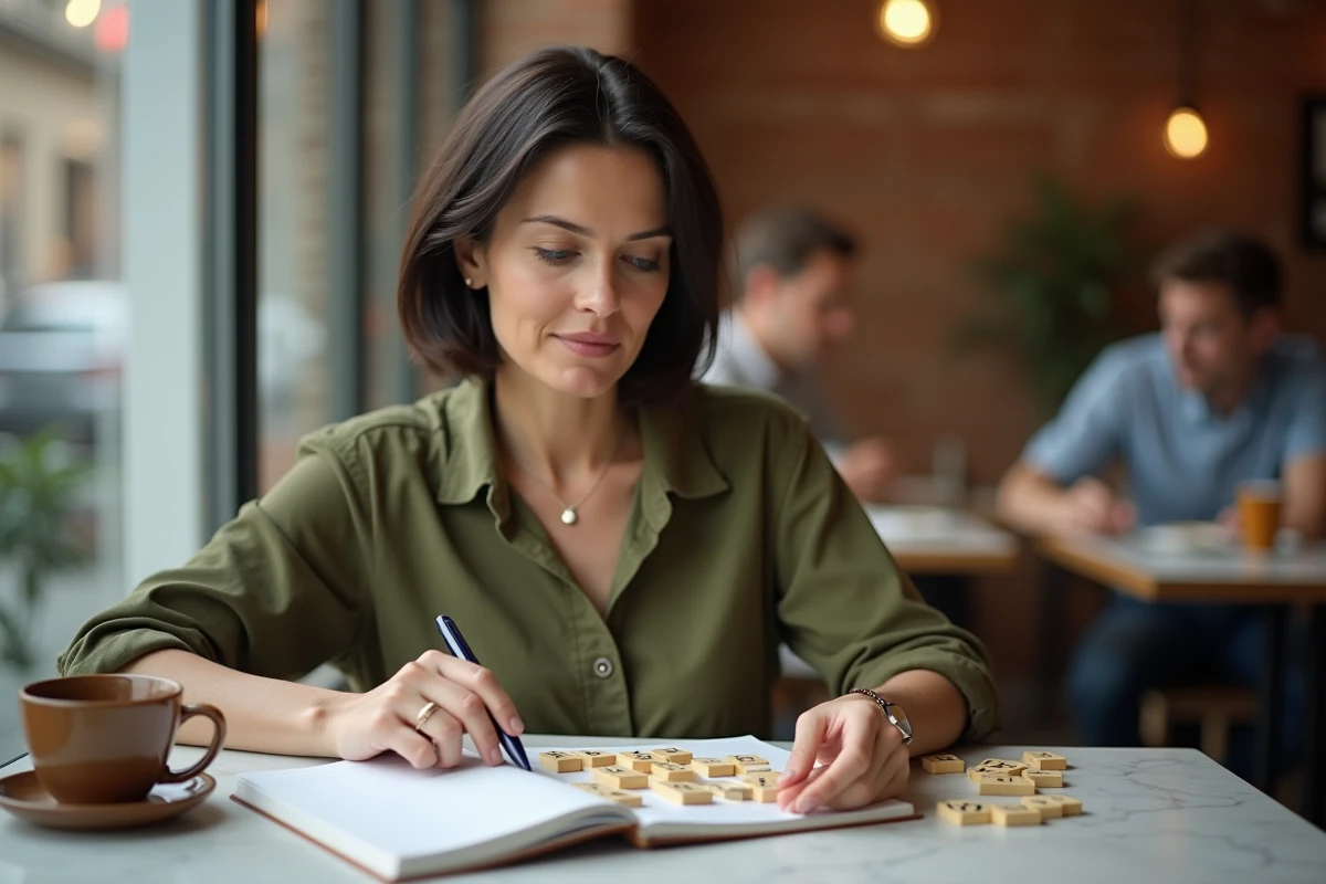Femme s'entraînant aux anagrammes du Scrabble dans un café avec un carnet de notes et un plateau de jeu