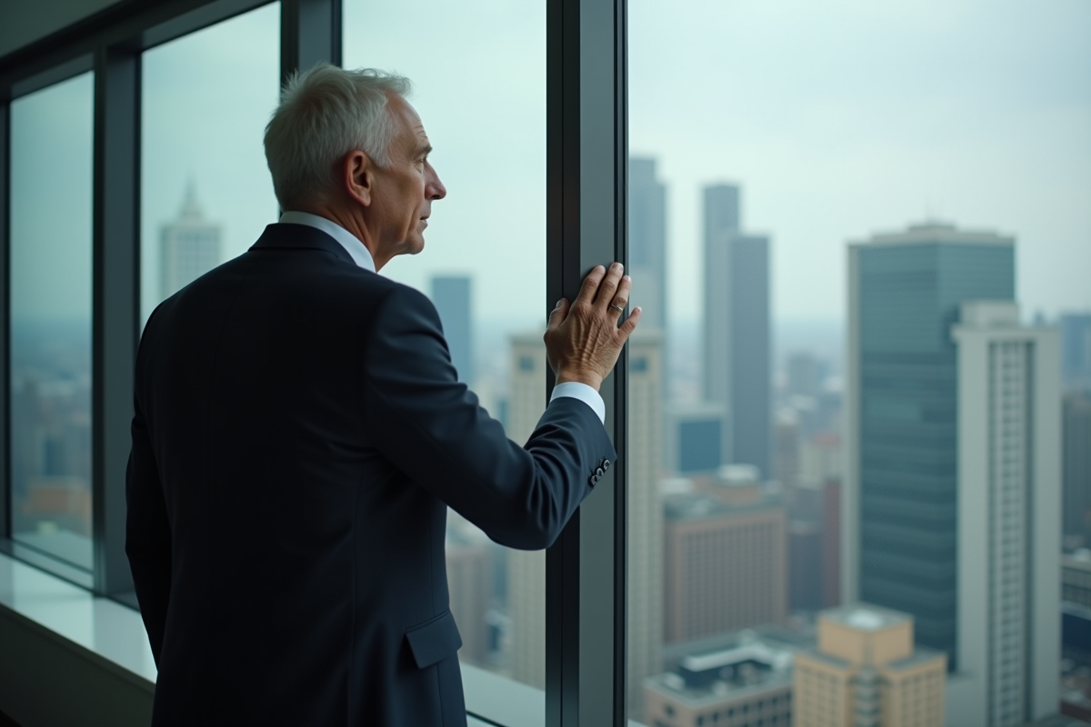 Analyste financier regardant par la fenêtre en costume sombre