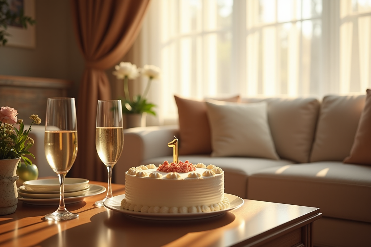 Salon décoré pour anniversaire avec gâteau et champagne