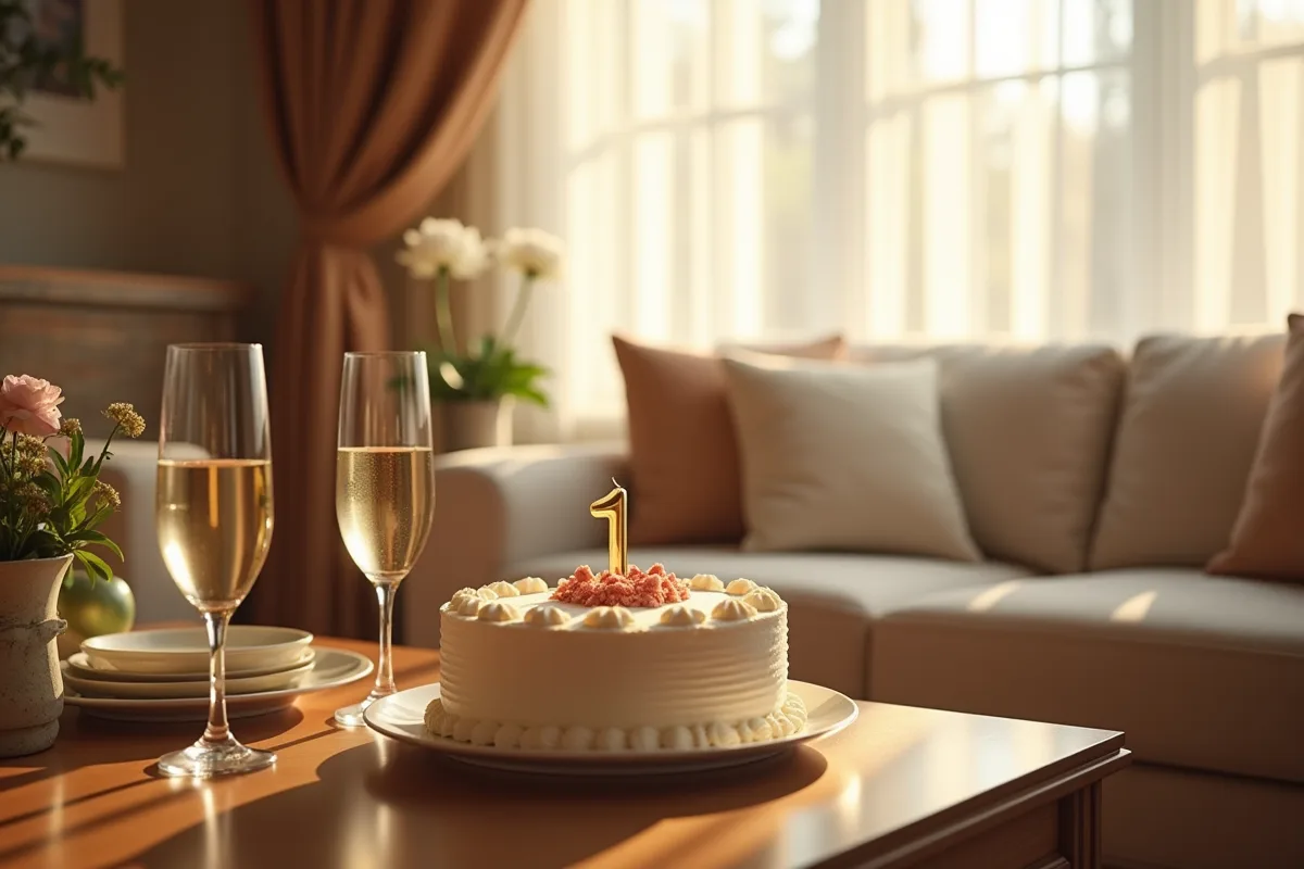 Salon décoré pour anniversaire avec gâteau et champagne