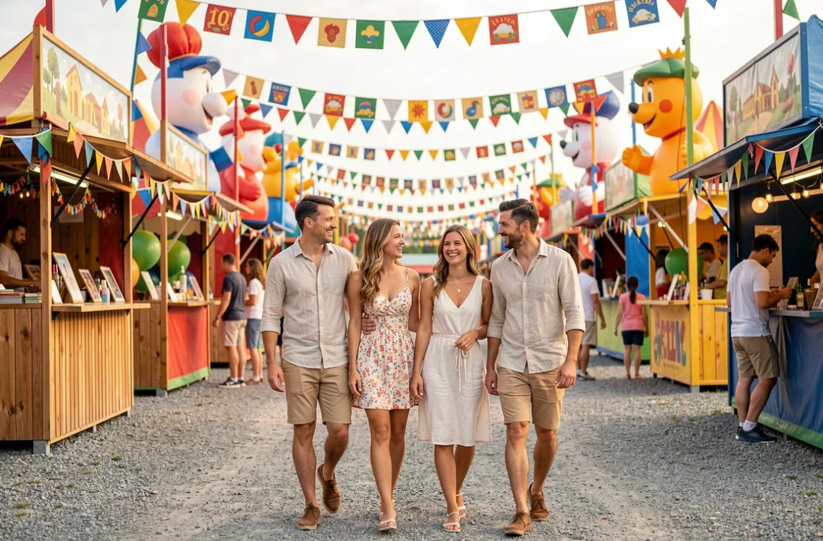 Famille visitant les stands d'animations et attractions spéciales du festival Aplouf en été 2026