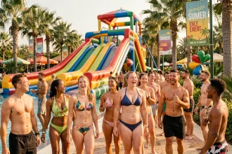 Groupe de visiteurs enthousiastes dans un parc aquatique animé lors des événements estivaux Aplouf 2026