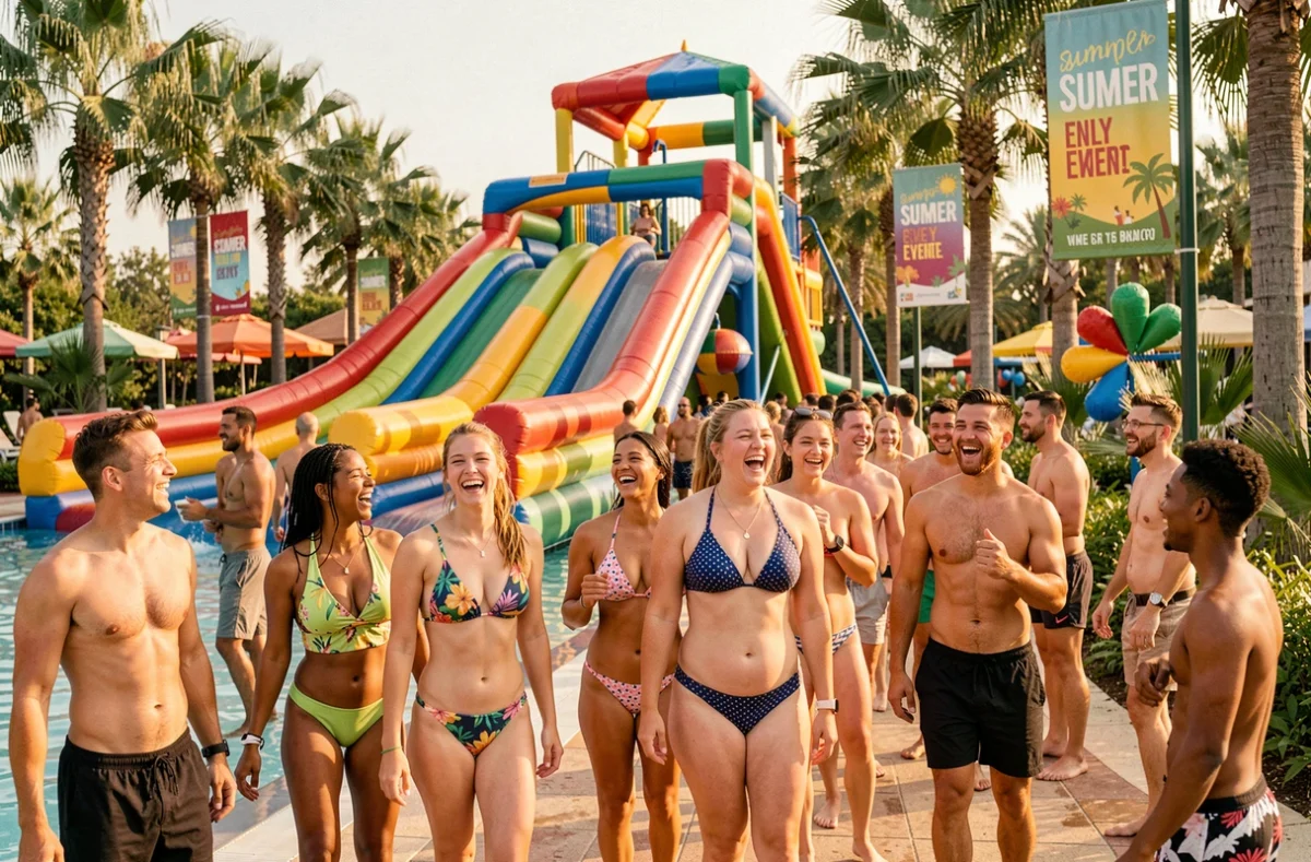 Groupe de visiteurs enthousiastes dans un parc aquatique animé lors des événements estivaux Aplouf 2026