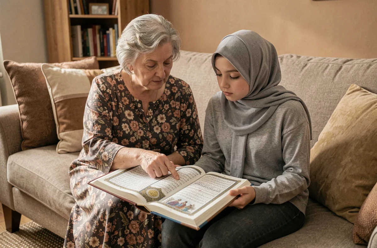 Femme âgée et adolescente en hijab lisant ensemble la sourate Al-Kahf en arabe sur un canapé dans un cadre familial chaleureux