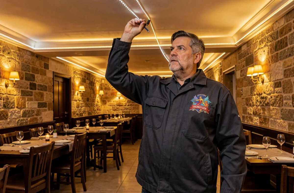 Électricien Art'Cité Élec posant des rubans LED architecturaux dans un restaurant de luxe en Occitanie