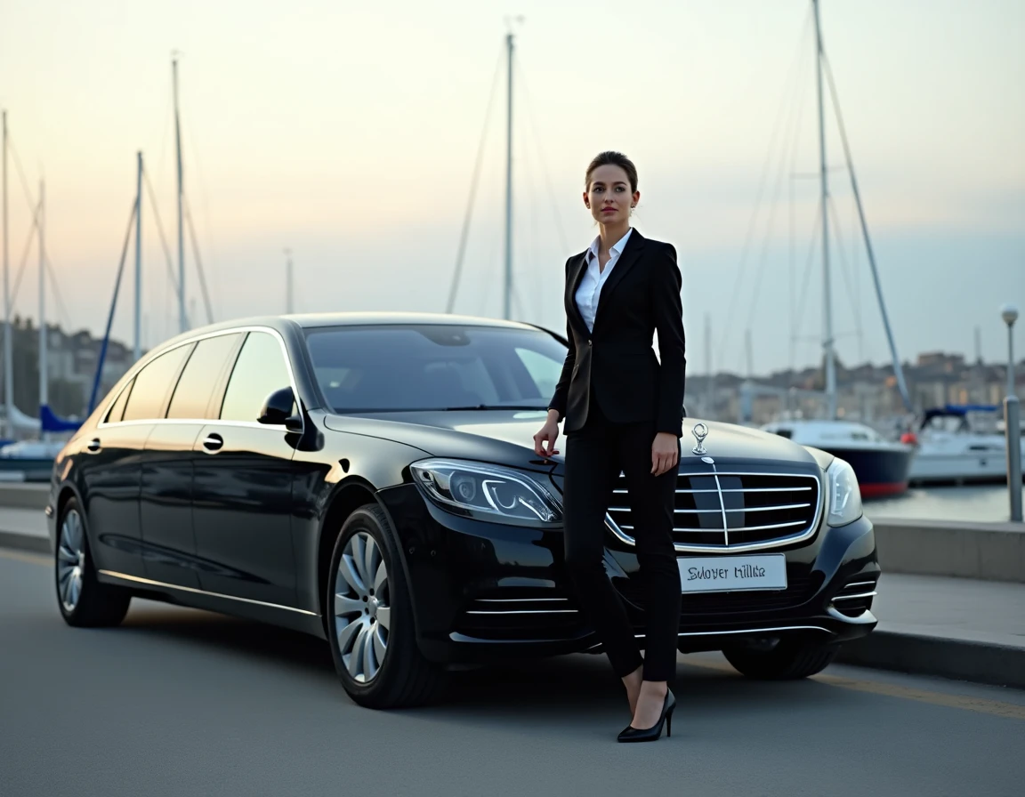 Limousine noire de prestige garée au bord de l'eau en Loire-Atlantique avec une chauffeuse en tenue professionnelle tenant un panneau d'accueil
