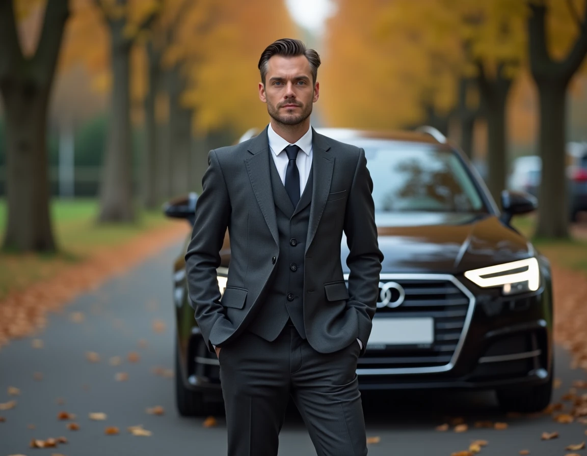 Chauffeur privé en costume gris anthracite debout près d'une Audi noire sur une avenue bordée de platanes en Loire-Atlantique