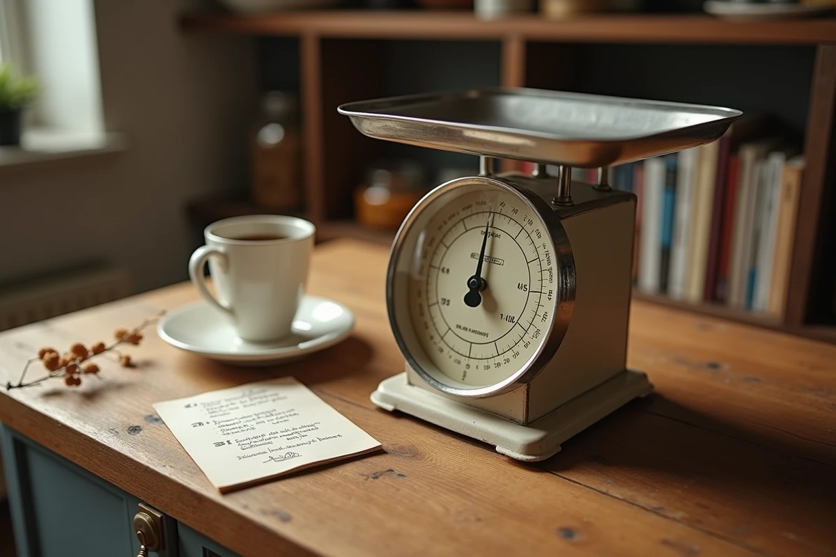 Vue de dessus d'une balance analogique vintage affichant des graduations en livres et kilogrammes sur un plan de travail en bois, avec une fiche de conversion manuscrite