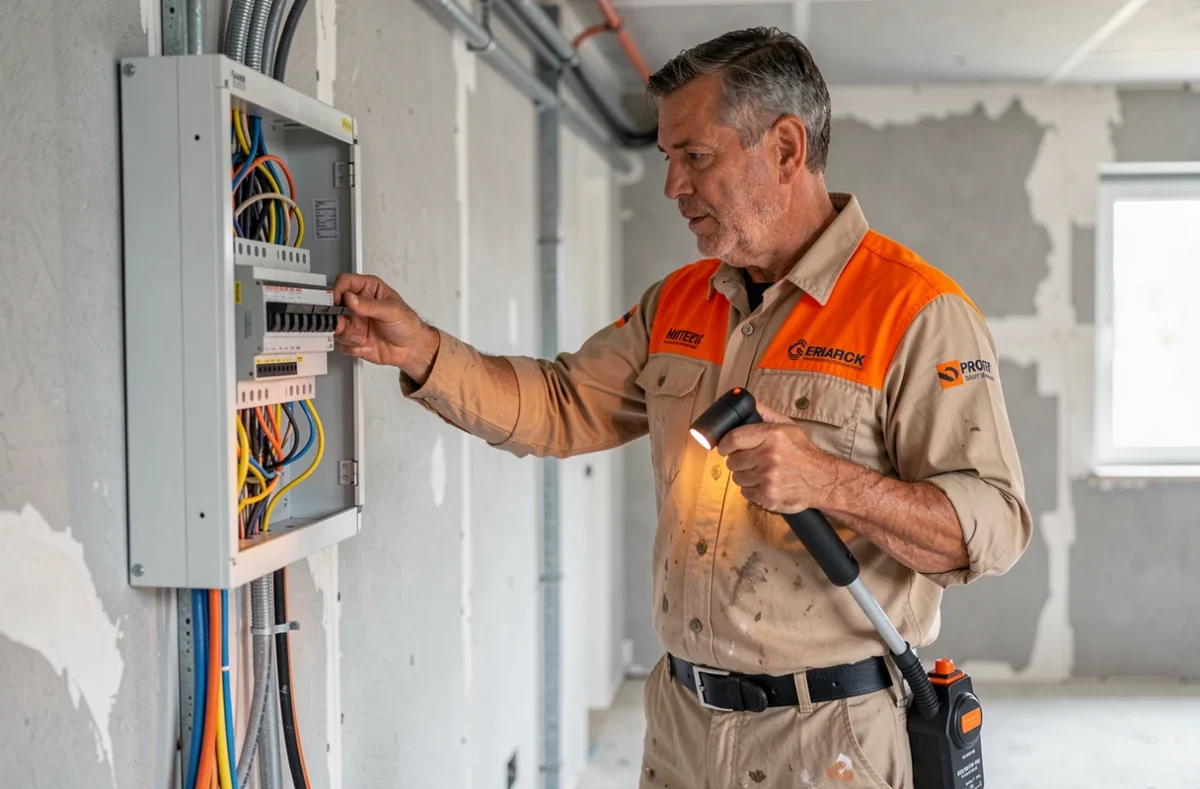 Technicien Batifrance Services inspectant un tableau de distribution dans un immeuble résidentiel en construction