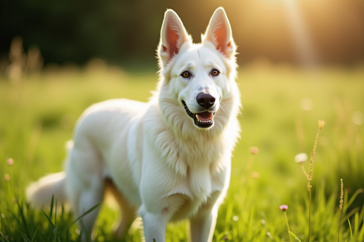 Chien berger belge blanc dans une prairie ensoleillee