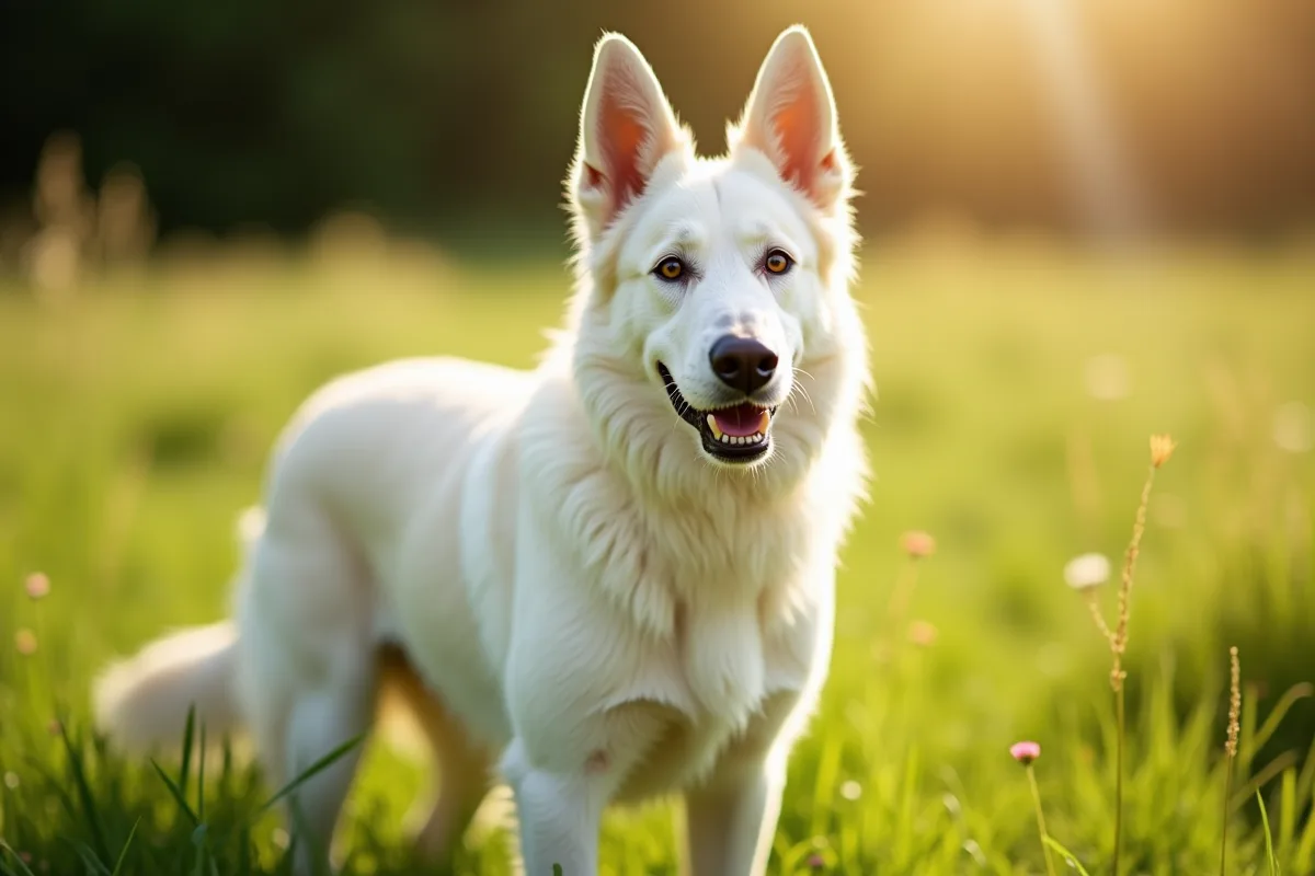 Chien berger belge blanc dans une prairie ensoleillee