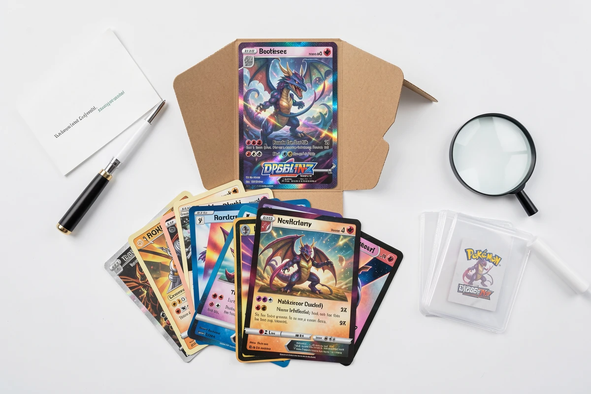 Vue de dessus d'un booster ouvert avec des cartes secrètes et ultra rares de l'extension Méga Évolution flamme fantasmagorique