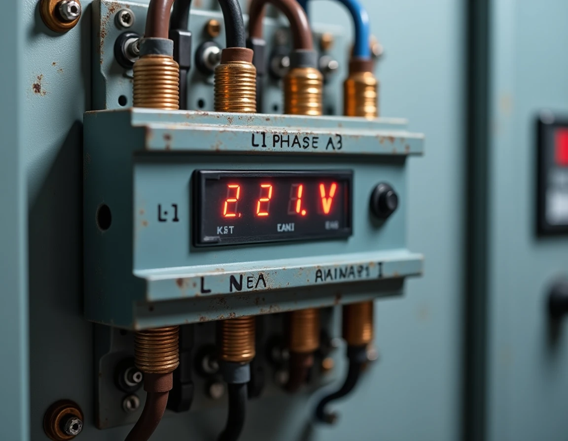 Gros plan sur les bornes de raccordement d'un transformateur abaisseur triphasé vers monophasé 380V 220V avec câblage coloré