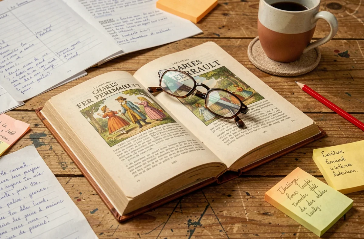 Bureau de professeur avec le livre de contes de Perrault et des fiches de séquence pédagogique pour Cendrillon