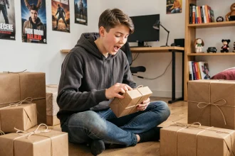 Adolescent de 17 ans assis sur le sol de sa chambre en train d'ouvrir des cadeaux avec une expression de surprise authentique