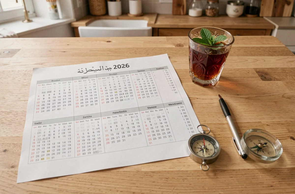 Calendrier des horaires de prière 2026 imprimé posé sur une table avec boussole et thé à la menthe