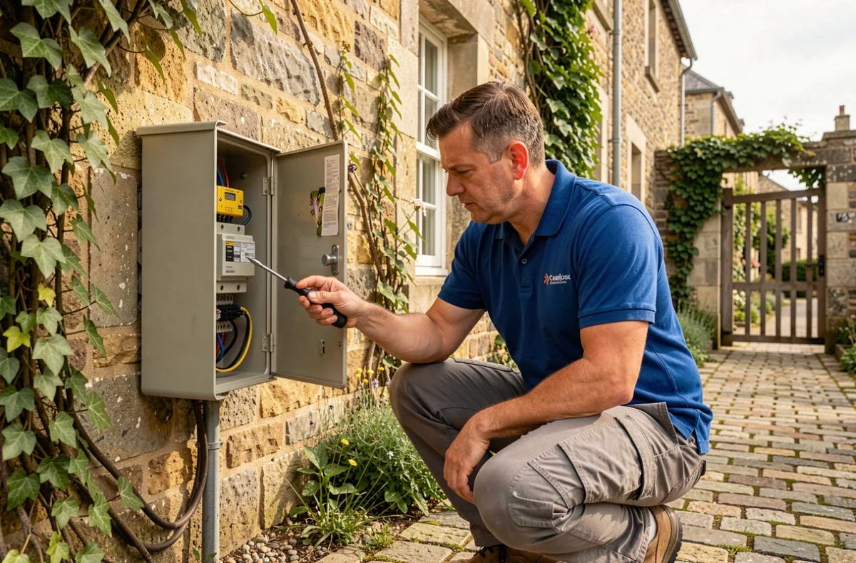 Technicien Calvados Elec Services intervenant sur un compteur électrique extérieur en pierre normande
