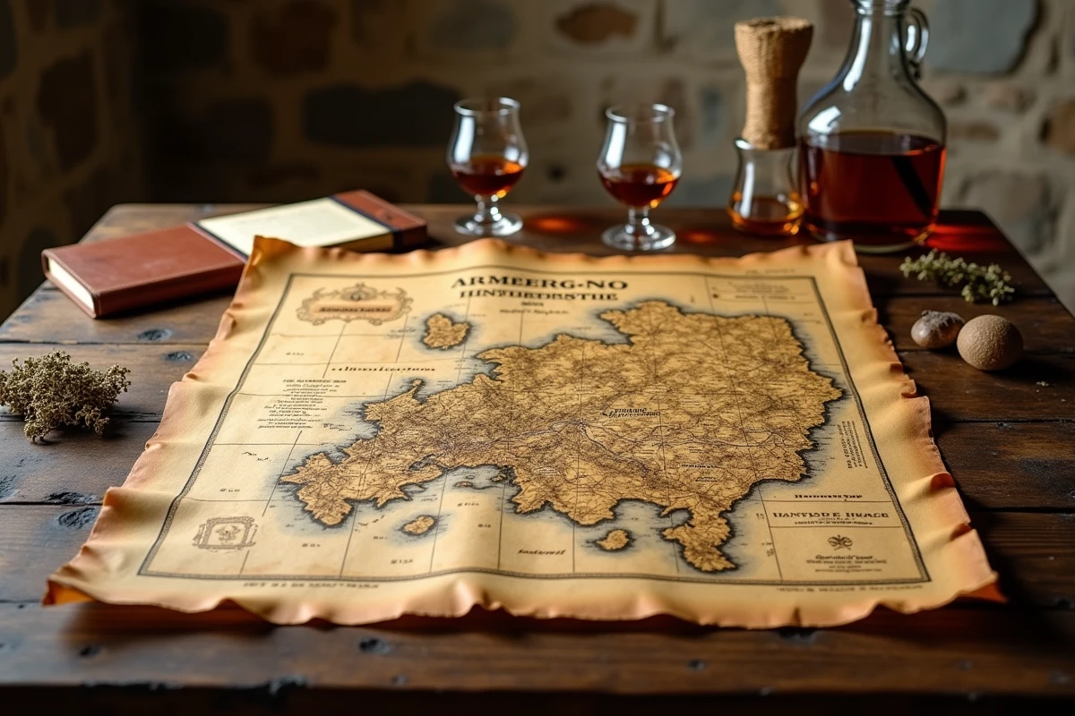 Carte ancienne des appellations Armagnac avec verre de dégustation et carnet de notes sur table en chêne