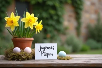 Carte de vœux Joyeuses Pâques manuscrite posée sur une table en bois rustique avec des jonquilles et des œufs peints dans un jardin français