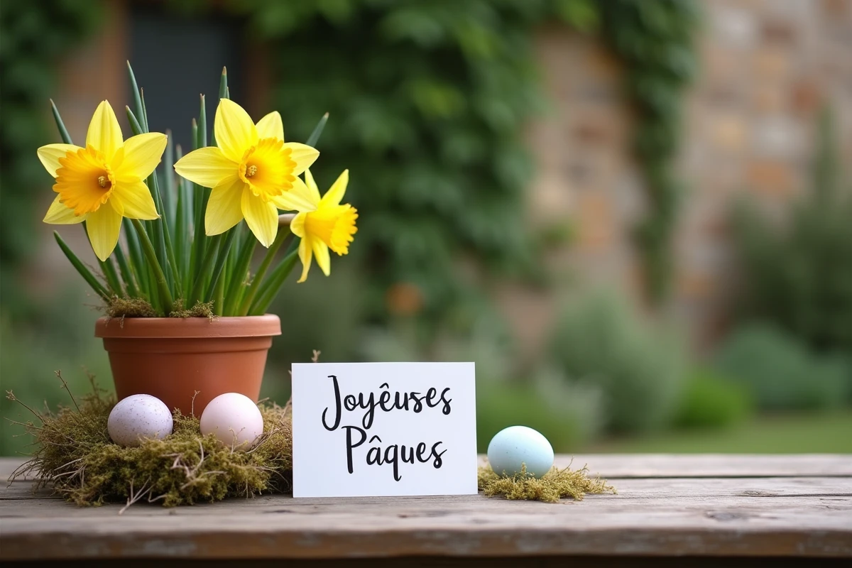 Carte de vœux Joyeuses Pâques manuscrite posée sur une table en bois rustique avec des jonquilles et des œufs peints dans un jardin français