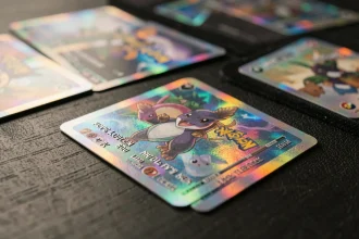 Cartes holographiques ultra rares Méga Évolution flamme fantasmagorique disposées en éventail sur une table en bois sombre