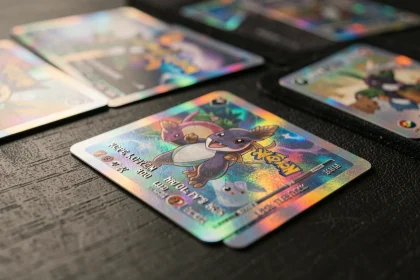 Cartes holographiques ultra rares Méga Évolution flamme fantasmagorique disposées en éventail sur une table en bois sombre