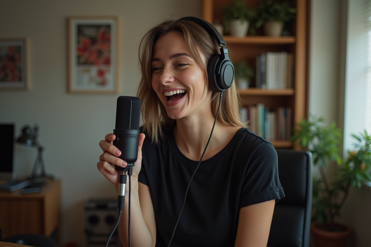 Chanteuse avec casque chantant dans un environnement cosy
