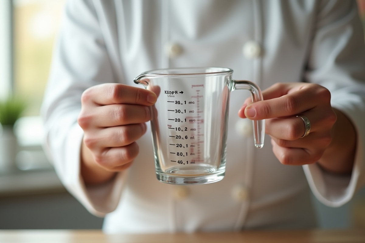 Chef versant un verre doseur avec conversion ml en cl dans une cuisine lumineuse