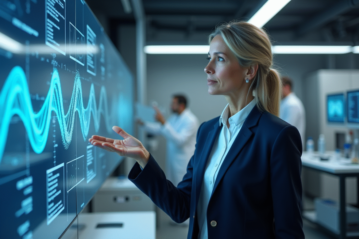 Scientifique femme en laboratoire moderne avec hologramme genetique