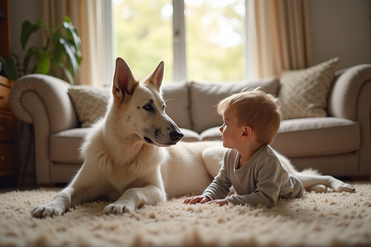 Chien berger belge blanc avec un enfant dans le salon