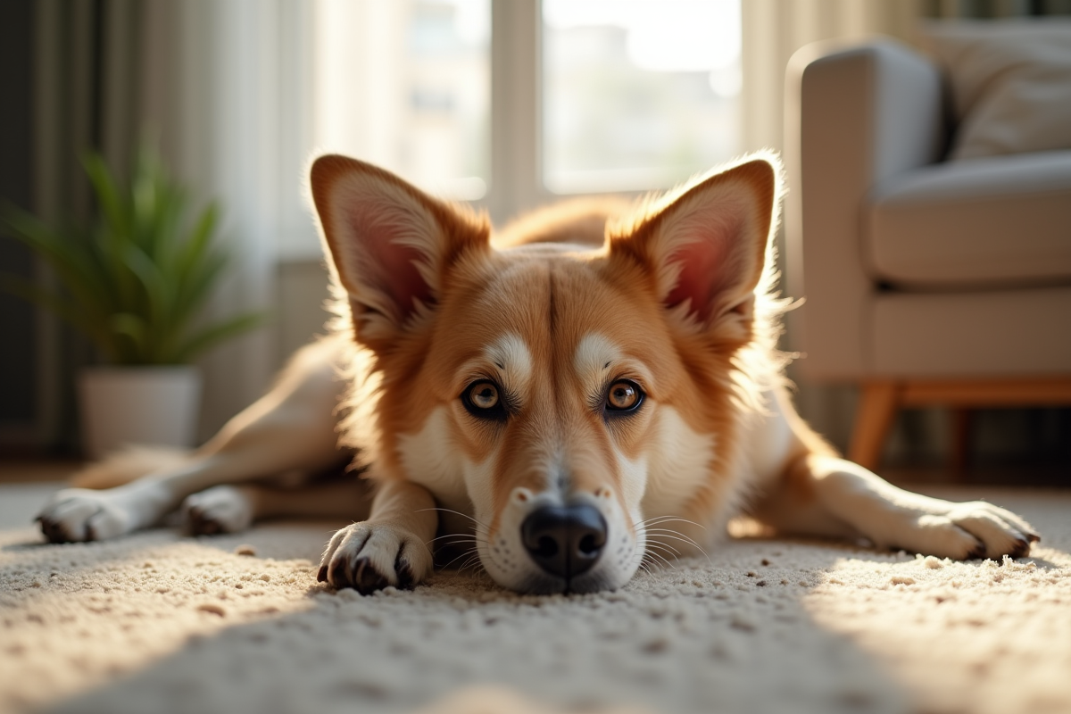 Chienne femelle détendue sur un tapis dans un salon lumineux