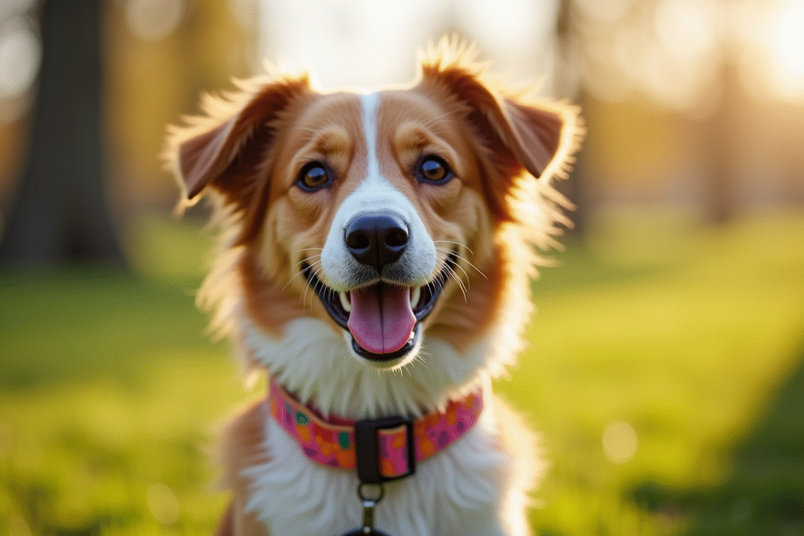 Chienne femelle joyeuse avec collier coloré dans un parc ensoleille