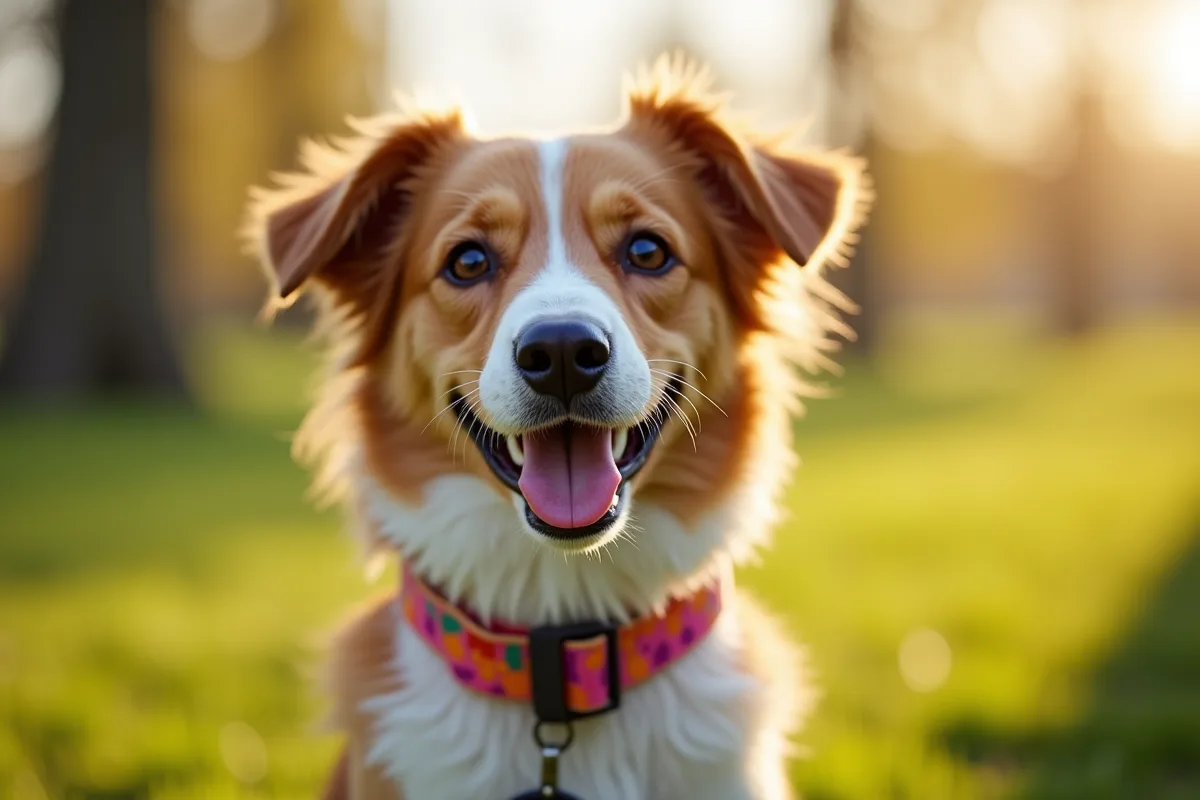 Chienne femelle joyeuse avec collier coloré dans un parc ensoleille
