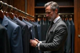 Homme en costume gris anthracite dans une boutique parisienne de costumes, examinant des vestes sur un portant en bois