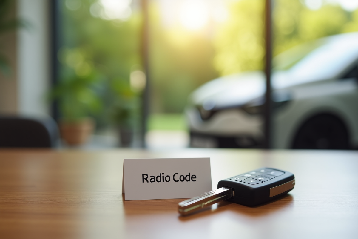 Clé de voiture Renault et carte code radio sur une table en bois