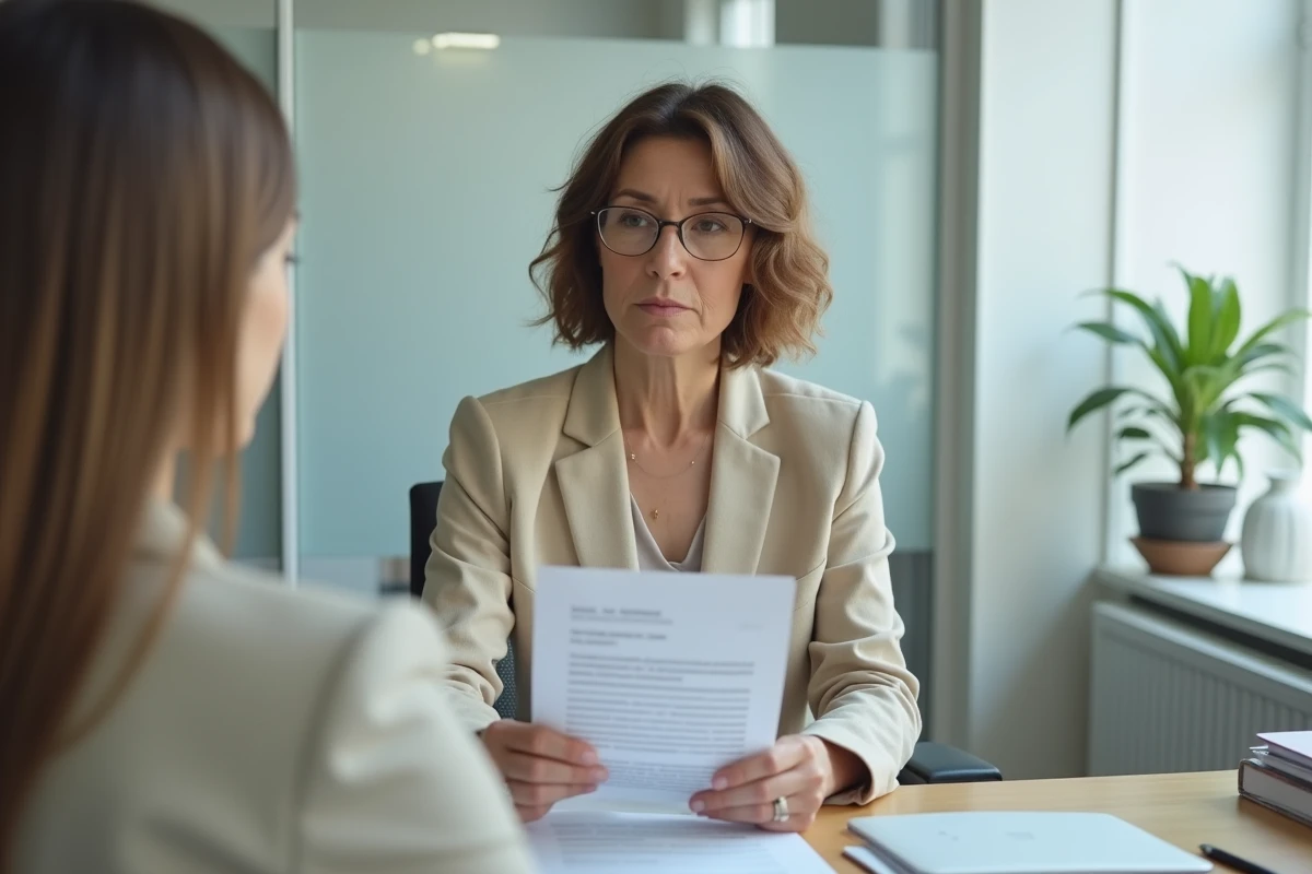 Femme consultant un document officiel lors d'une séance de renseignement notarial gratuit dans un bureau moderne